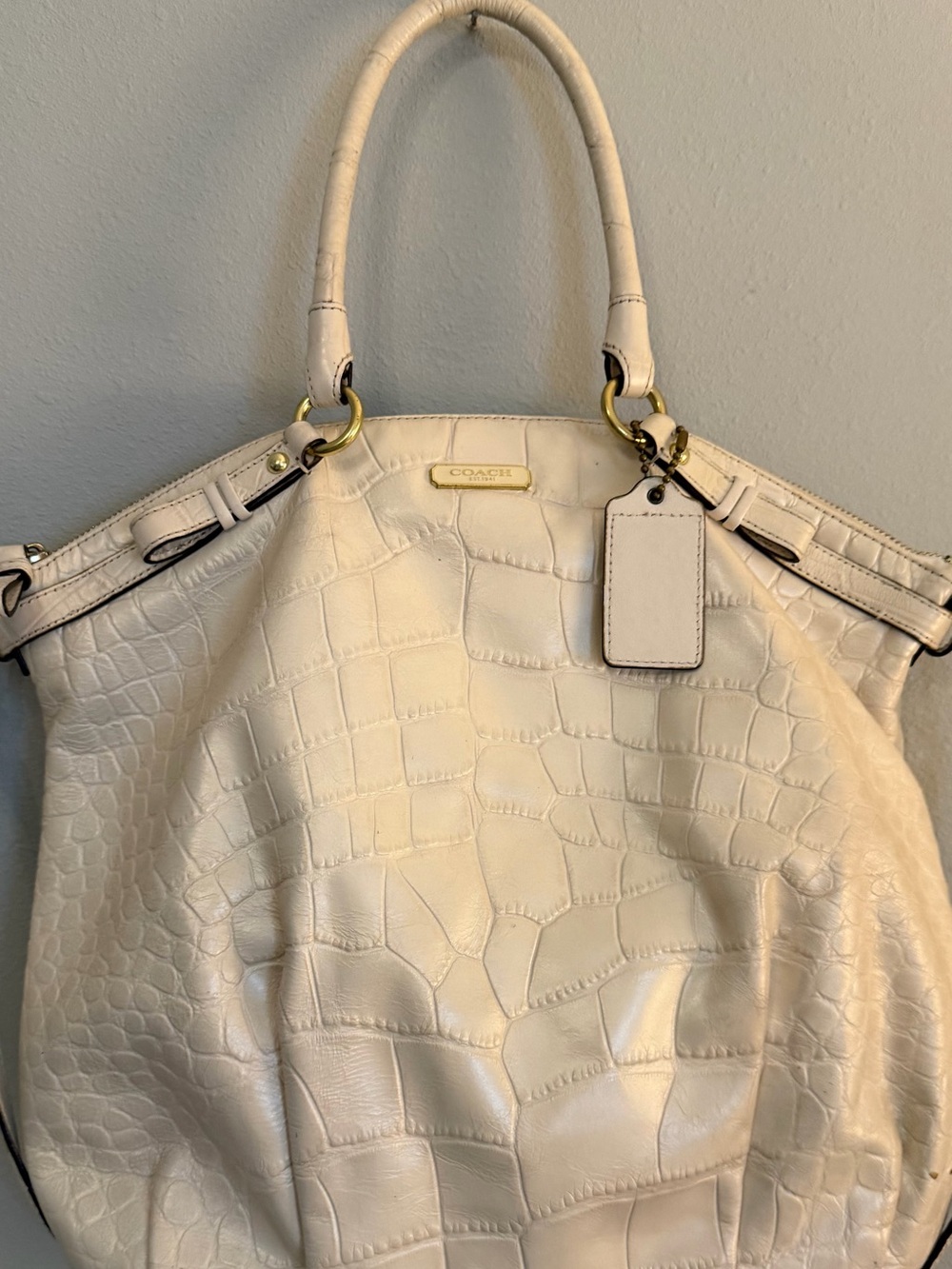 Coach White Croc-Embossed Shoulder Bag with Gold Hardware